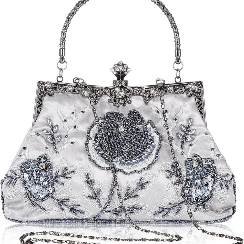 Vintage Beaded Clutch with Floral Embroidery, Sequin Rhinestone Evening Bag NEW - Picture 5 of 7